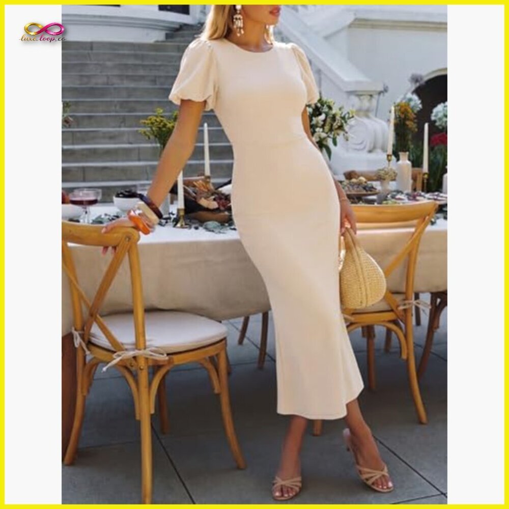Elegant Bodycon Midi Dress Short Sleeve Formal Wedding Guest Cocktail Party - Picture 2 of 7
